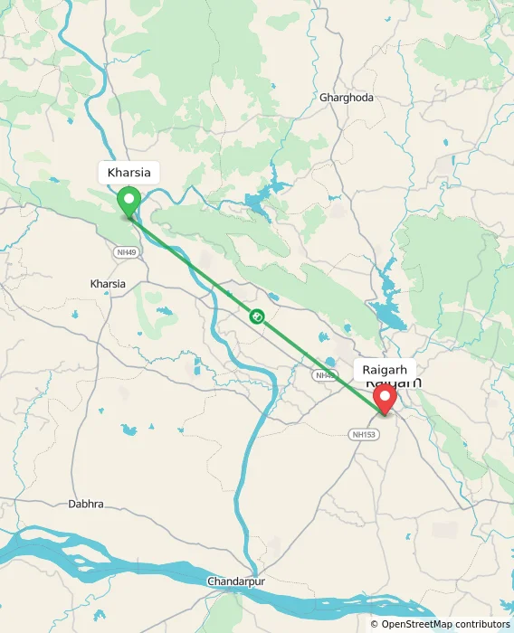 Route map showing distance and travel time from Kharsia, India to Raigarh, India