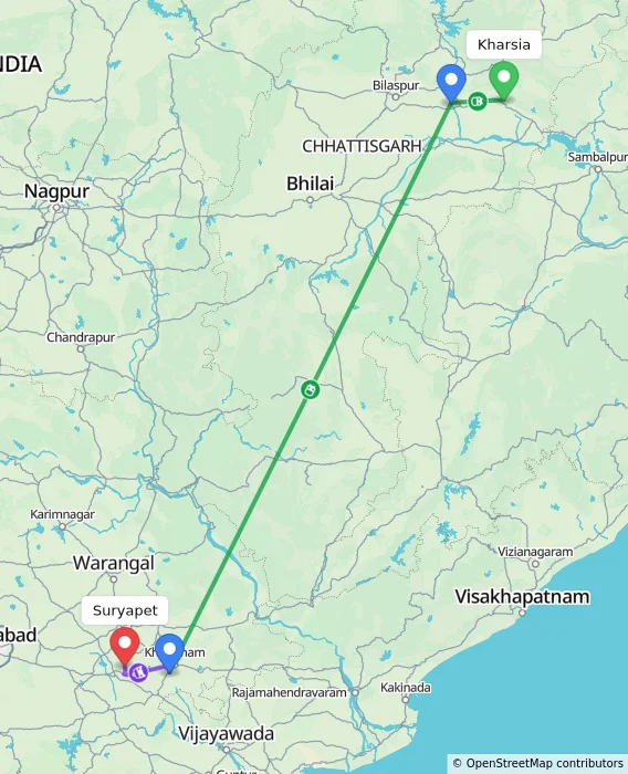 Route map showing distance and travel time from Kharsia, India to Suryapet, India