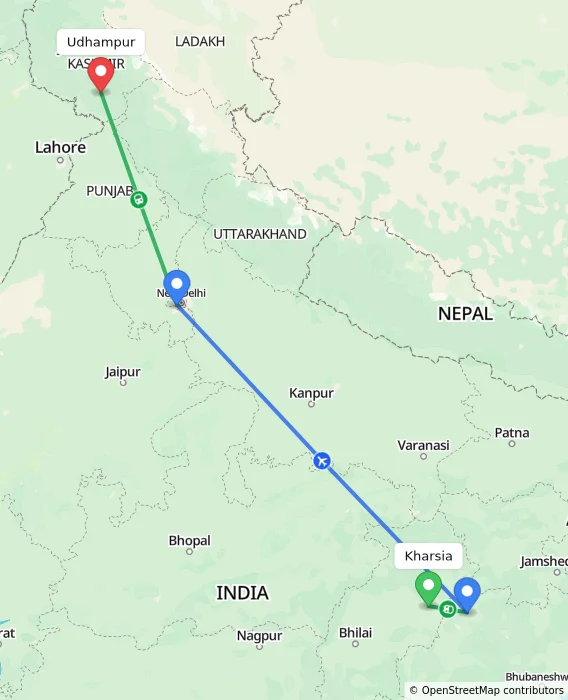 Route map showing distance and travel time from Kharsia, India to Udhampur, India
