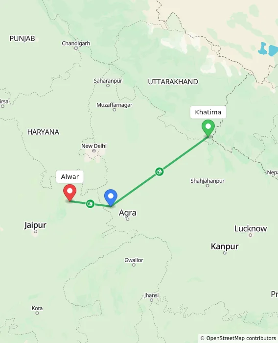 Route map showing distance and travel time from Khatima, India to Alwar, India
