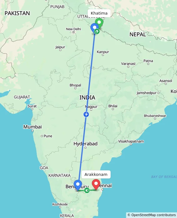 Route map showing distance and travel time from Khatima, India to Arakkonam, India