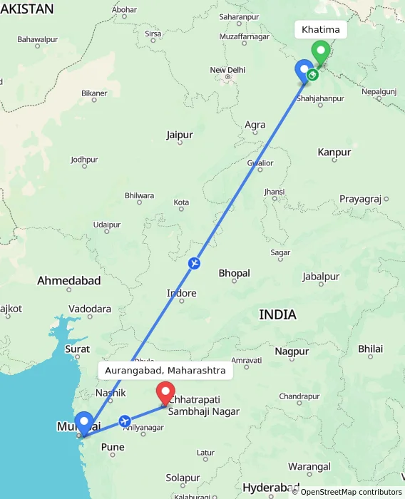 Route map showing distance and travel time from Khatima, India to Aurangabad, Maharashtra, India