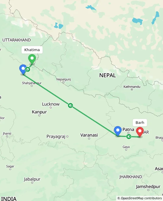 Route map showing distance and travel time from Khatima, India to Barh, India