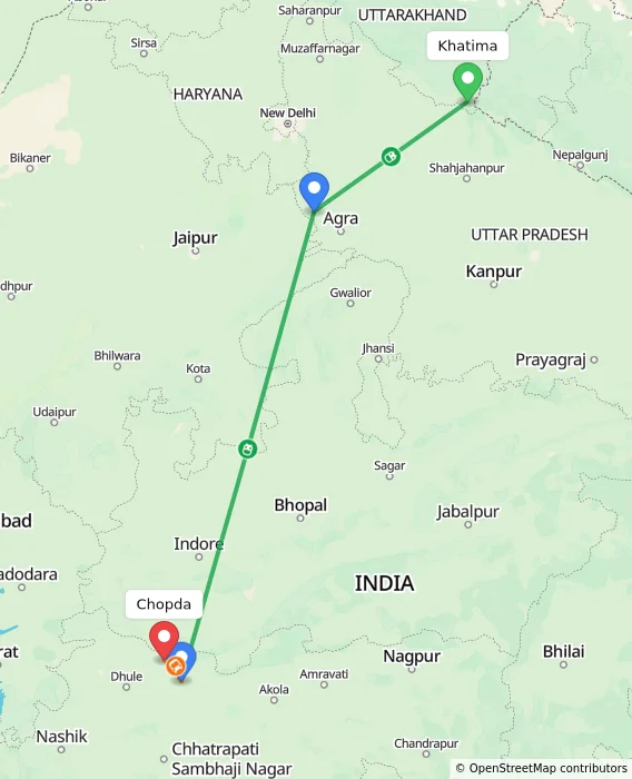 Route map showing distance and travel time from Khatima, India to Chopda, India