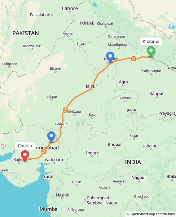 Route map showing distance and travel time from Khatima, India to Chotila, India
