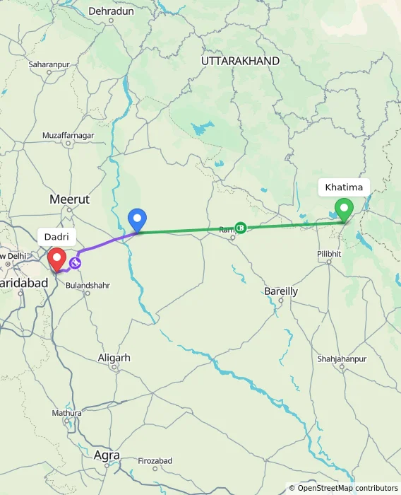 Route map showing distance and travel time from Khatima, India to Dadri, India