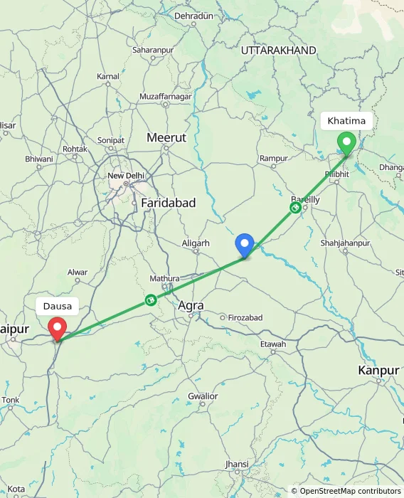 Route map showing distance and travel time from Khatima, India to Dausa, India
