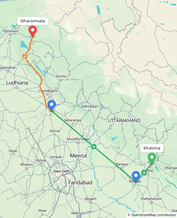 Route map showing distance and travel time from Khatima, India to Dharamsala, India