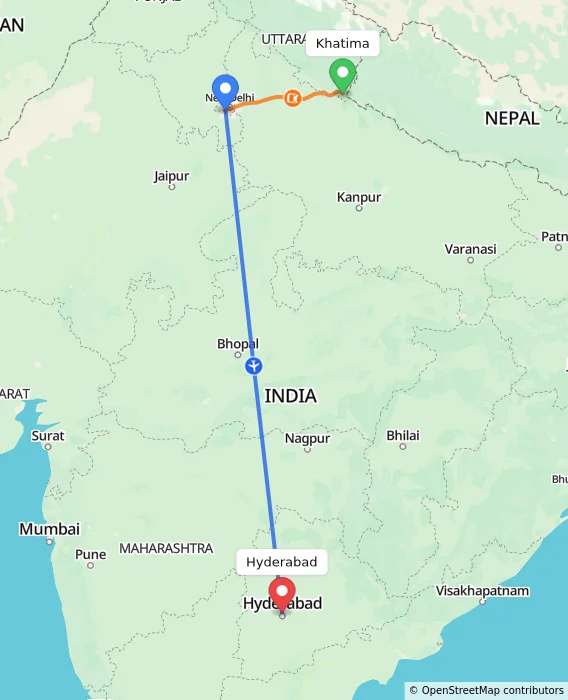 Route map showing distance and travel time from Khatima, India to Hyderabad, India