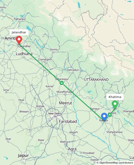 Route map showing distance and travel time from Khatima, India to Jalandhar, India