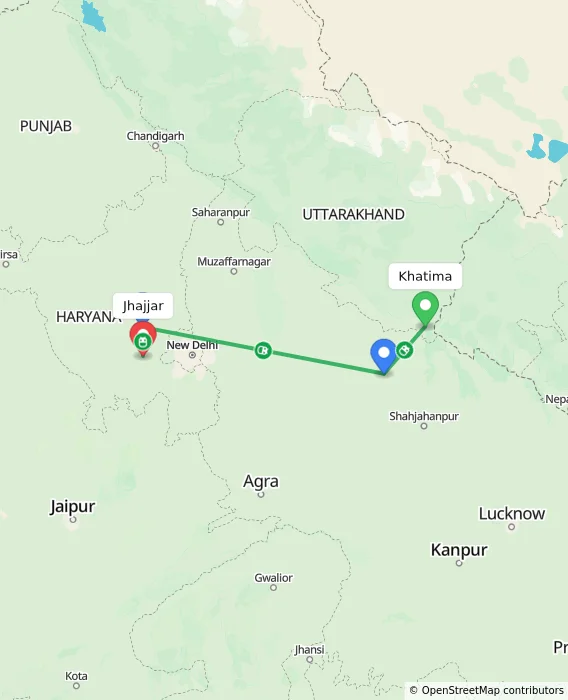 Route map showing distance and travel time from Khatima, India to Jhajjar, India