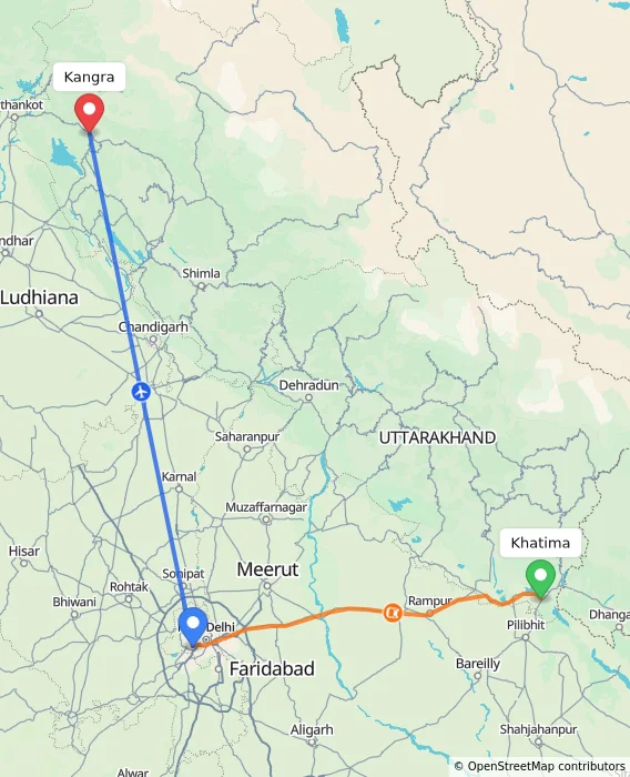 Route map showing distance and travel time from Khatima, India to Kangra, India