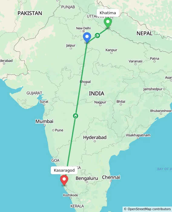 Route map showing distance and travel time from Khatima, India to Kasaragod, India