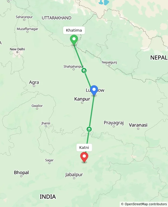 Route map showing distance and travel time from Khatima, India to Katni, India