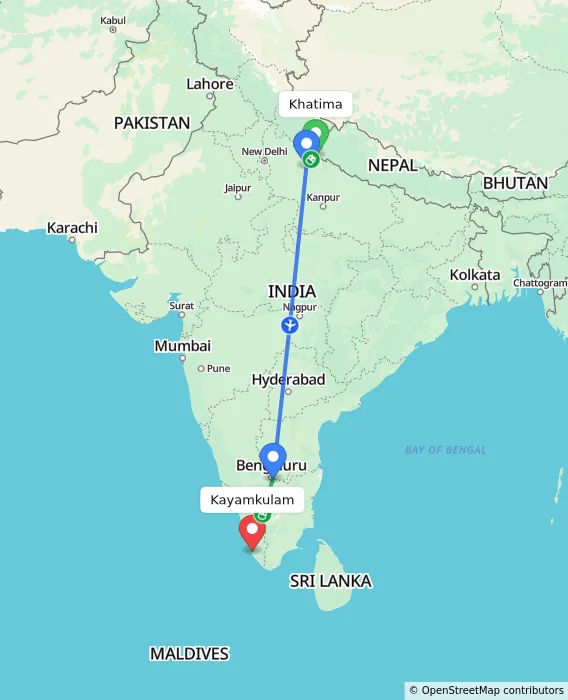 Route map showing distance and travel time from Khatima, India to Kayamkulam, India