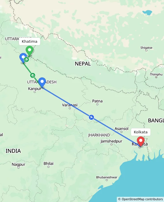 Route map showing distance and travel time from Khatima, India to Kolkata, India