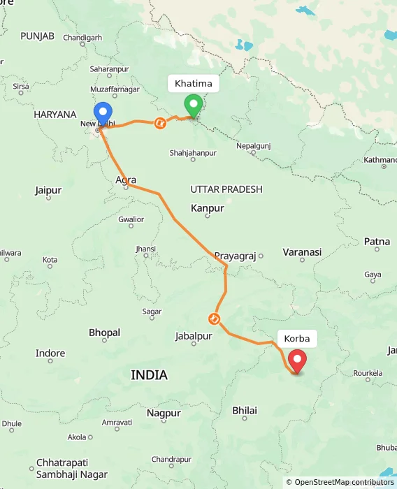 Route map showing distance and travel time from Khatima, India to Korba, India