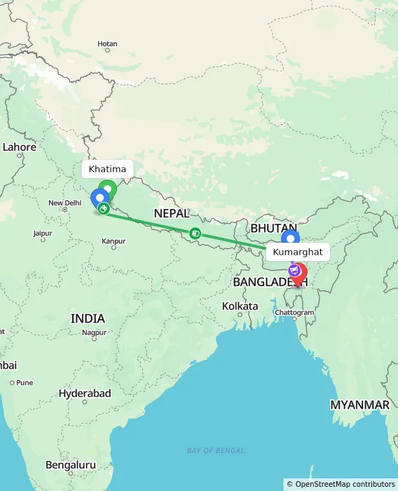 Route map showing distance and travel time from Khatima, India to Kumarghat, India