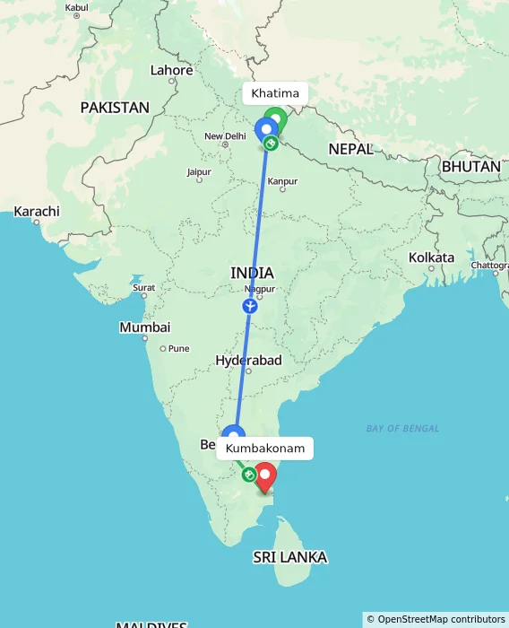 Route map showing distance and travel time from Khatima, India to Kumbakonam, India