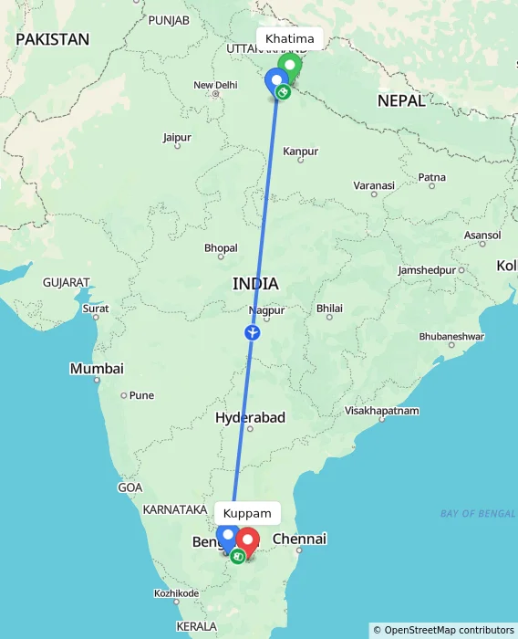 Route map showing distance and travel time from Khatima, India to Kuppam, India
