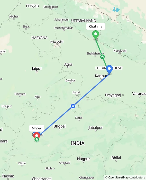 Route map showing distance and travel time from Khatima, India to Mhow, India