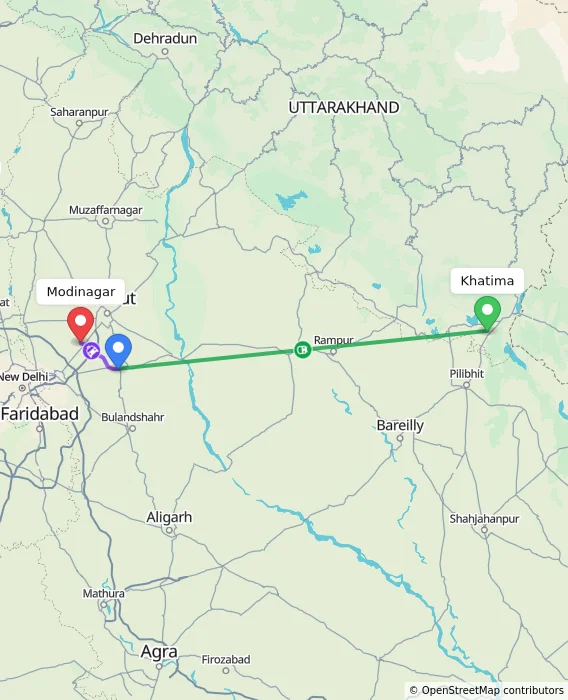 Route map showing distance and travel time from Khatima, India to Modinagar, India