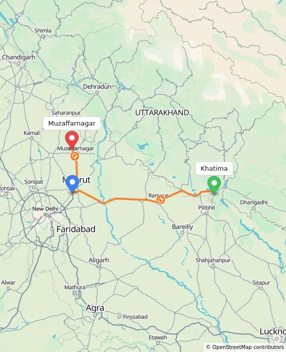 Route map showing distance and travel time from Khatima, India to Muzaffarnagar, India