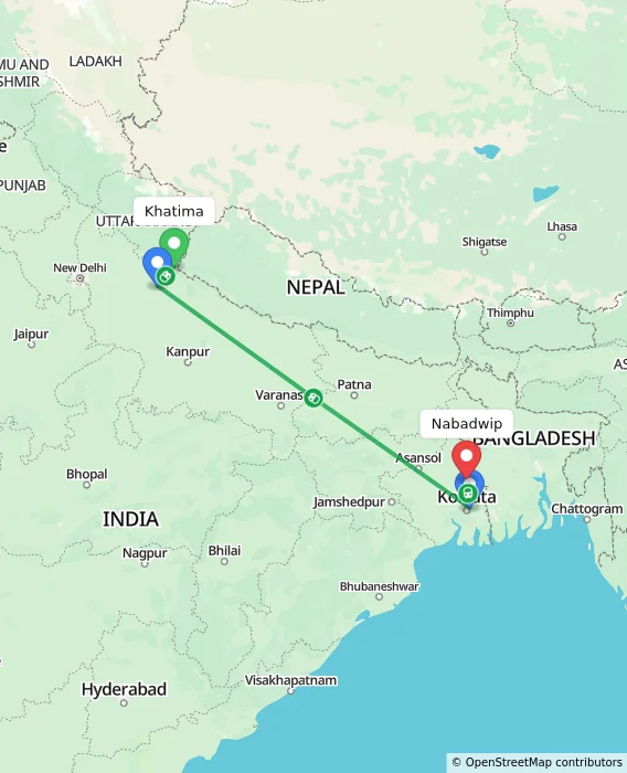 Route map showing distance and travel time from Khatima, India to Nabadwip, India