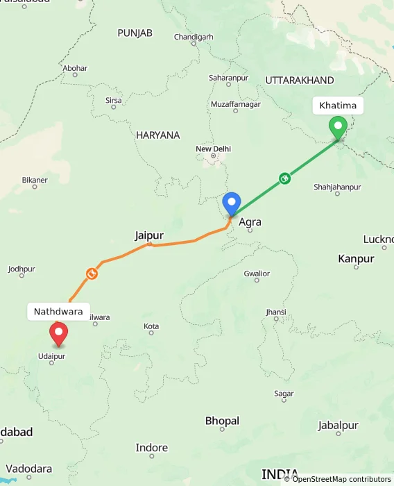 Route map showing distance and travel time from Khatima, India to Nathdwara, India