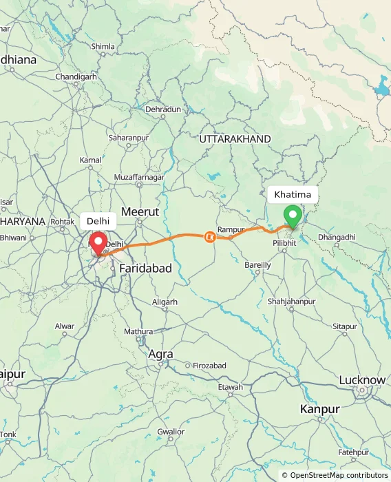 Route map showing distance and travel time from Khatima, India to Delhi, India