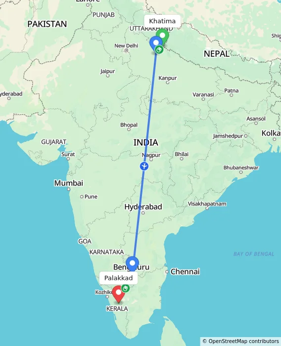 Route map showing distance and travel time from Khatima, India to Palakkad, India