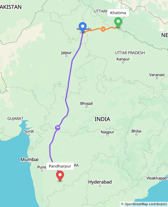 Route map showing distance and travel time from Khatima, India to Pandharpur, India