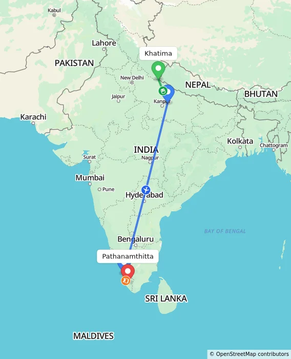 Route map showing distance and travel time from Khatima, India to Pathanamthitta, India