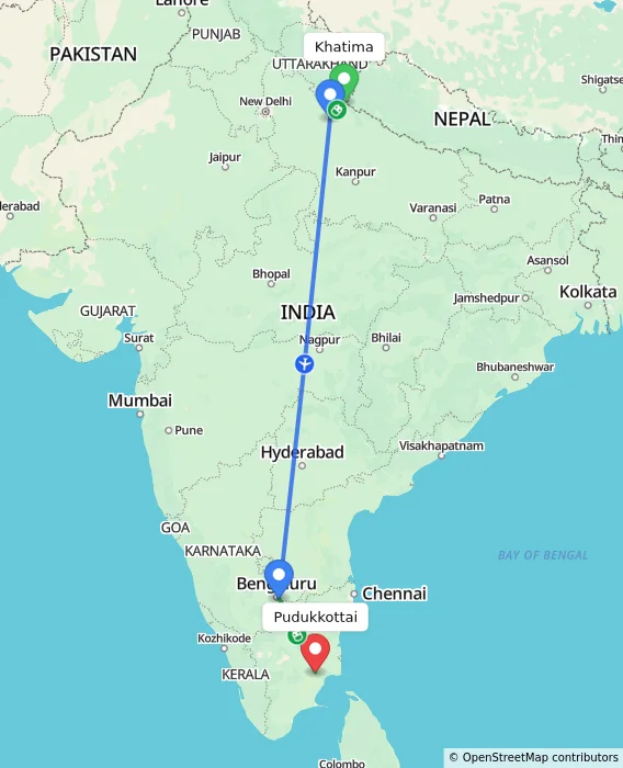 Route map showing distance and travel time from Khatima, India to Pudukkottai, India