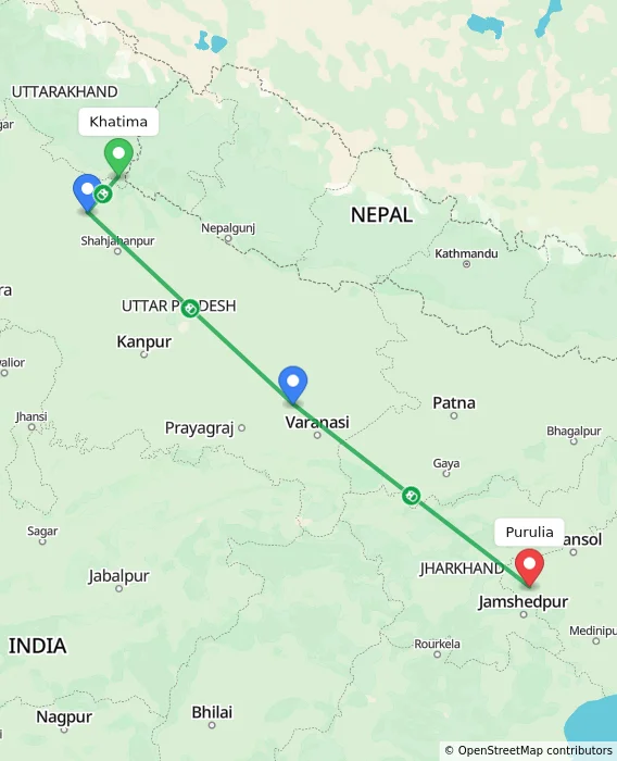 Route map showing distance and travel time from Khatima, India to Purulia, India