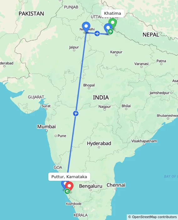 Route map showing distance and travel time from Khatima, India to Puttur, Karnataka, India