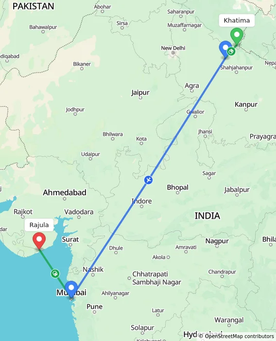 Route map showing distance and travel time from Khatima, India to Rajula, India