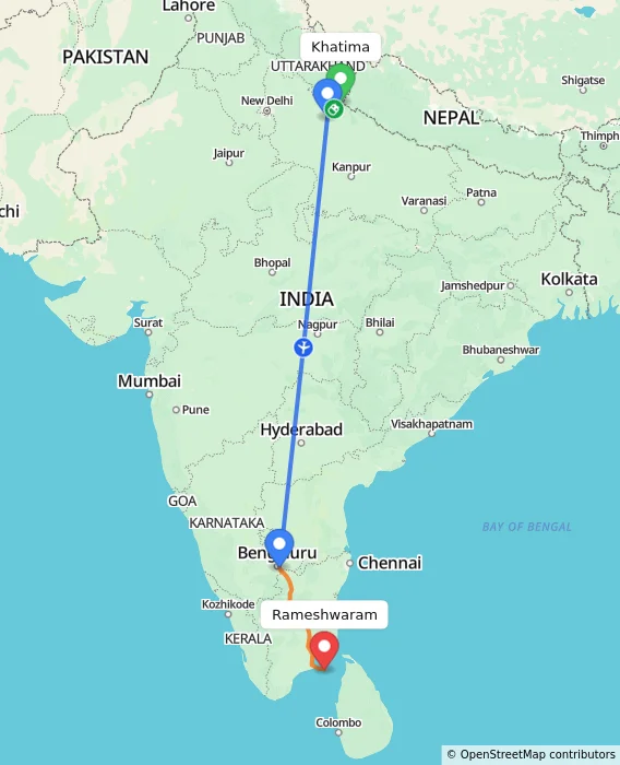 Route map showing distance and travel time from Khatima, India to Rameshwaram, India