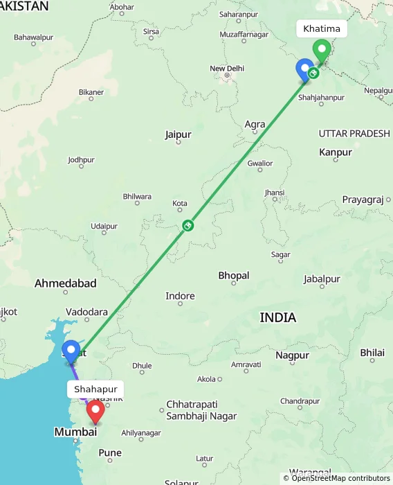 Route map showing distance and travel time from Khatima, India to Shahapur, India