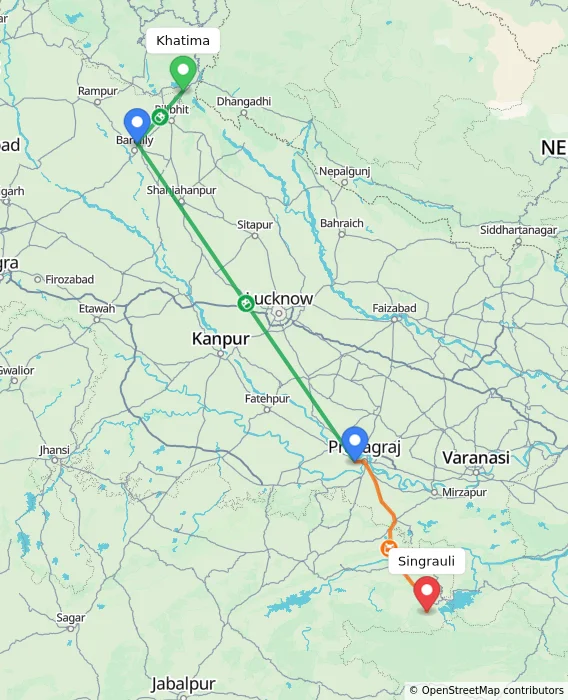Route map showing distance and travel time from Khatima, India to Singrauli, India