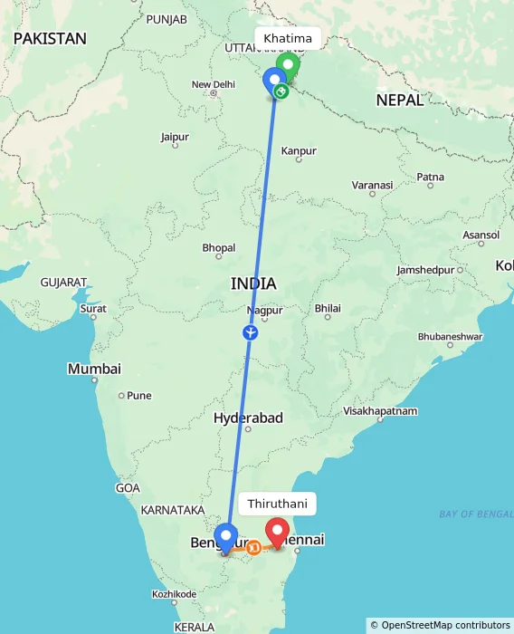 Route map showing distance and travel time from Khatima, India to Thiruthani, India