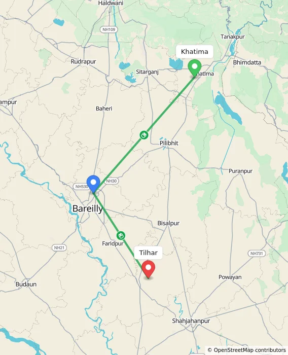 Route map showing distance and travel time from Khatima, India to Tilhar, India