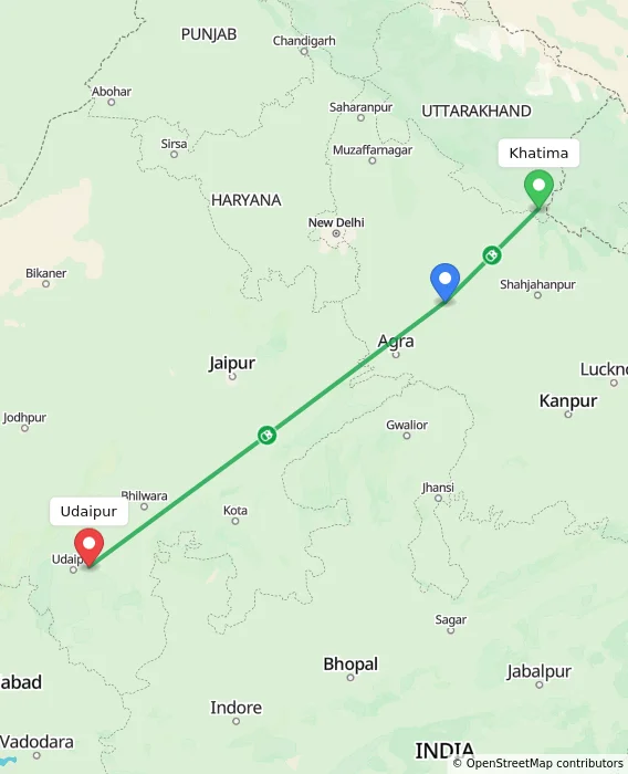 Route map showing distance and travel time from Khatima, India to Udaipur, India
