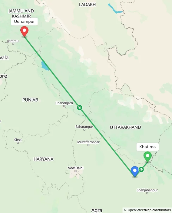 Route map showing distance and travel time from Khatima, India to Udhampur, India