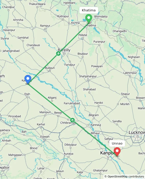 Route map showing distance and travel time from Khatima, India to Unnao, India