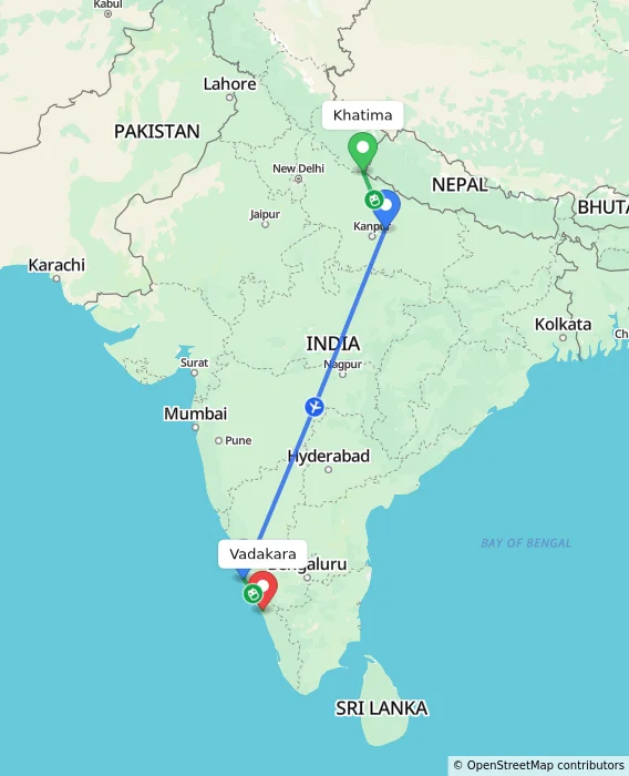 Route map showing distance and travel time from Khatima, India to Vadakara, India
