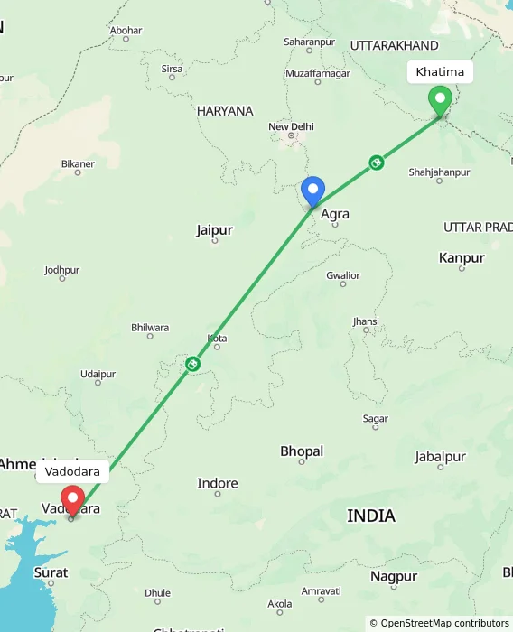 Route map showing distance and travel time from Khatima, India to Vadodara, India