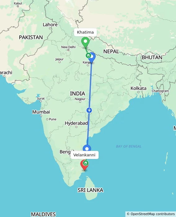 Route map showing distance and travel time from Khatima, India to Velankanni, India