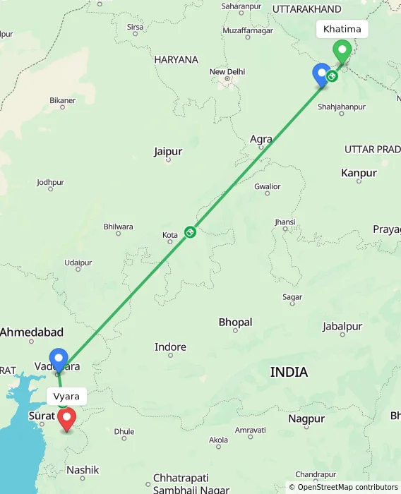 Route map showing distance and travel time from Khatima, India to Vyara, India