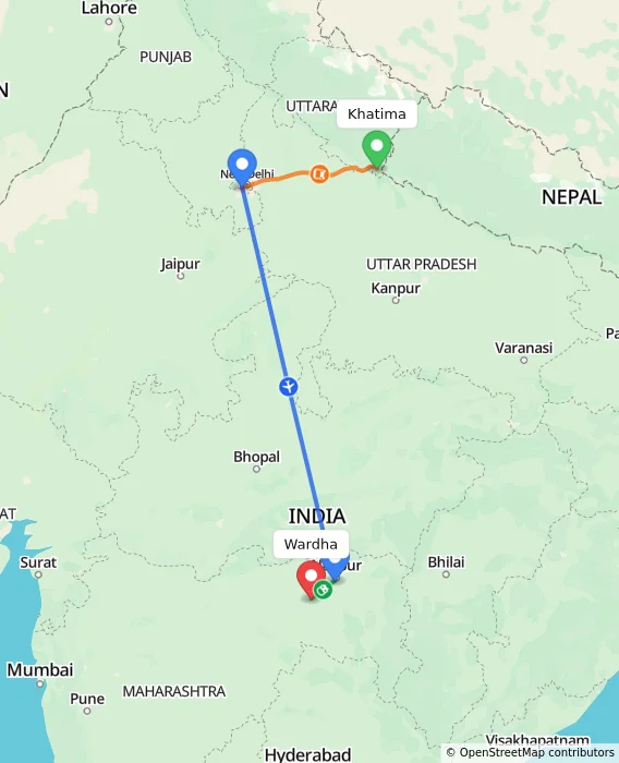 Route map showing distance and travel time from Khatima, India to Wardha, India